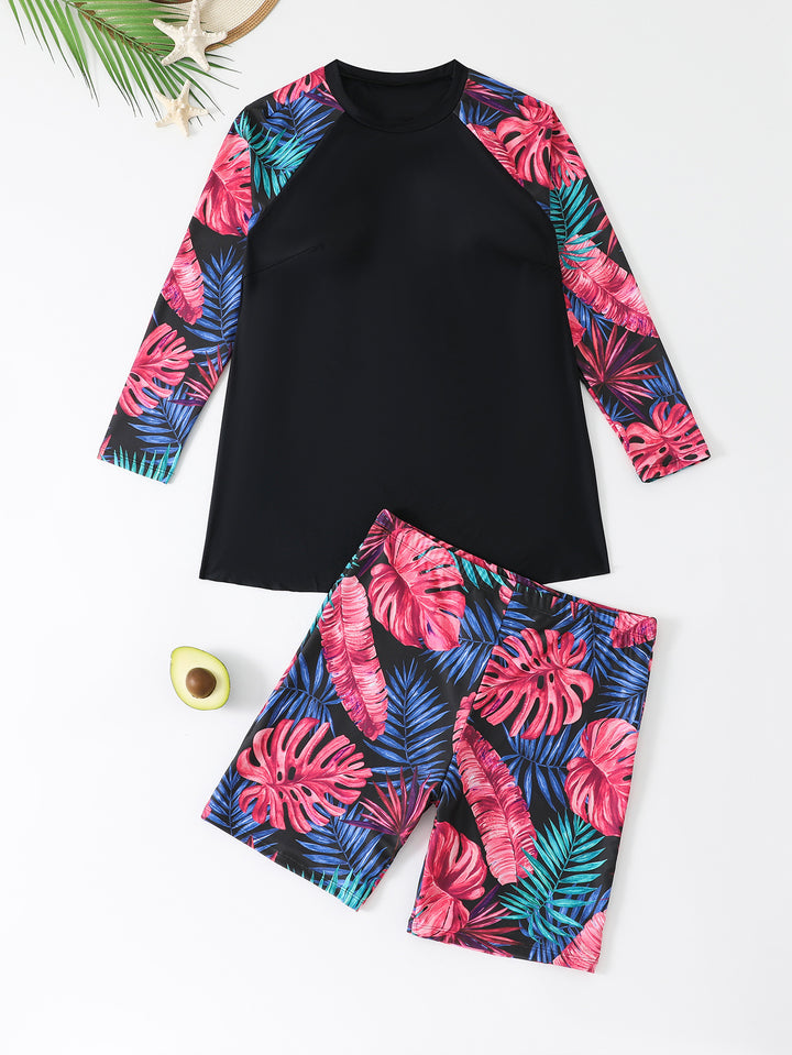 Women's UV Protection Surf Suit Set with Long Sleeves and Colorful Leaf Pattern Mune Fashion