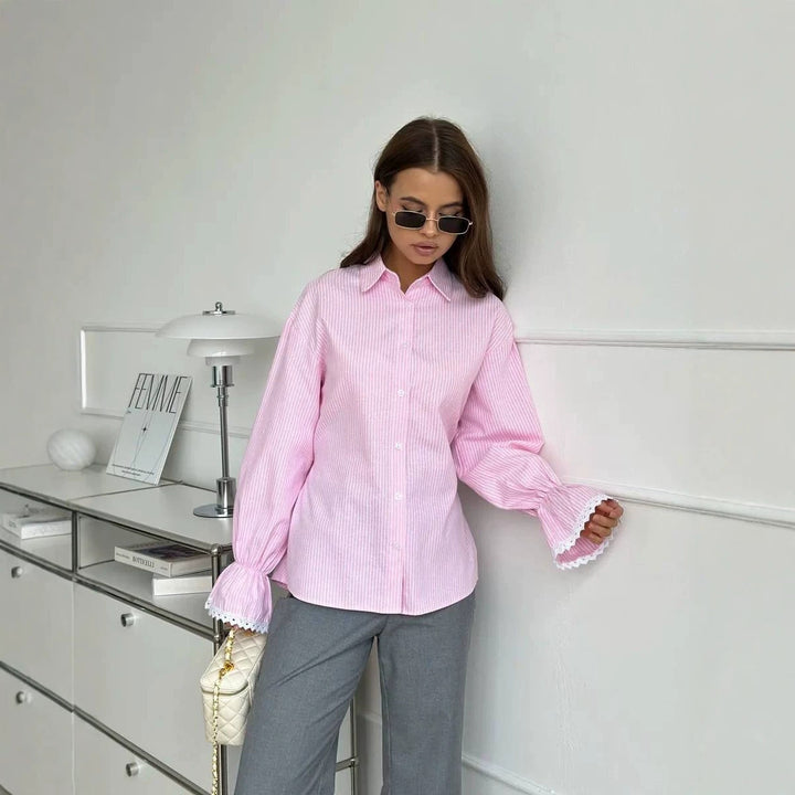 Ladies Striped Cotton Blouse with Lace Trim on Bell Sleeves Mune Fashion