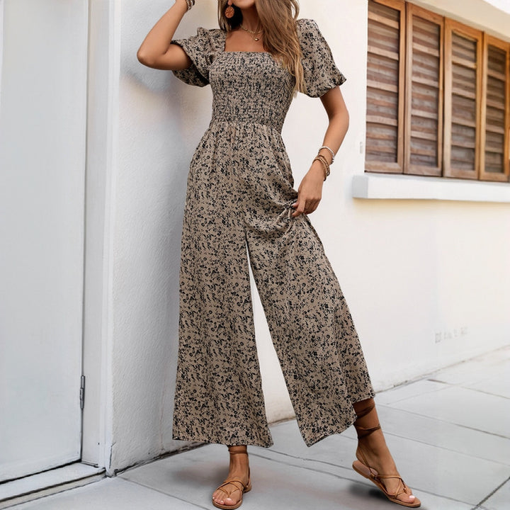 Women's Floral Smocked Jumpsuit with Square Neckline, Puff Sleeves, and Wide Leg Cut Mune Fashion