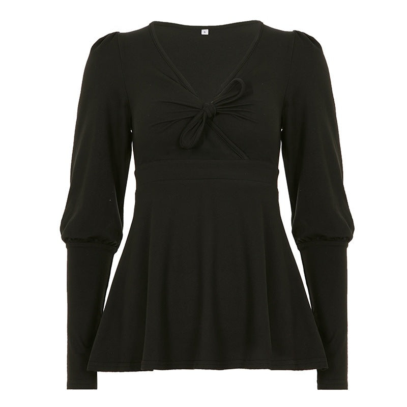 Women's Tailored Peplum Top with V-Neck, Knot Detail and Puff Sleeves Mune Fashion