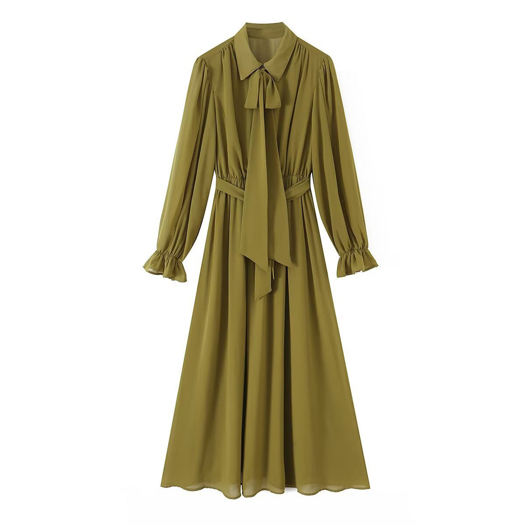 Women's chiffon maxi dress with tie bow, fitted knot band, and ruffled sleeves Mune Fashion