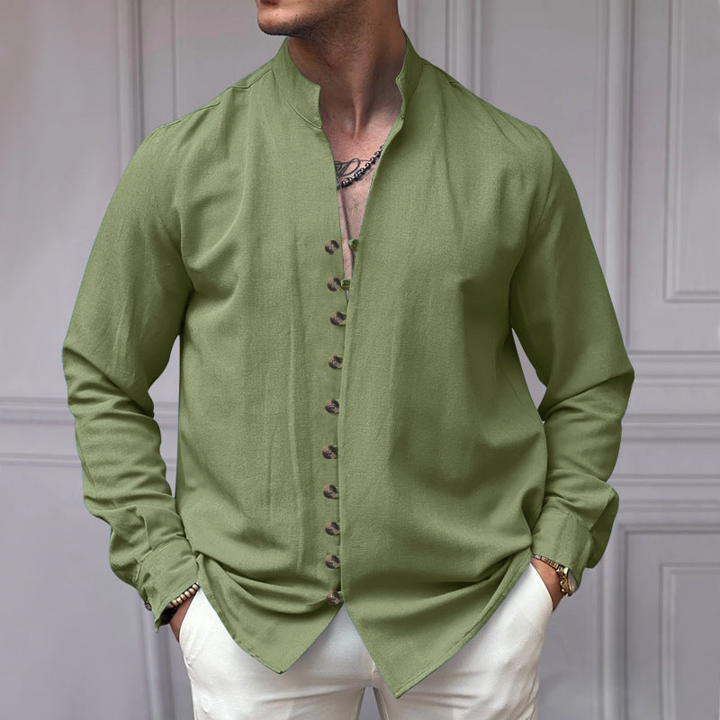 Men's elegant long-sleeve linen shirt with stand-up collar, asymmetrical button placket, and slim fit Mune Fashion