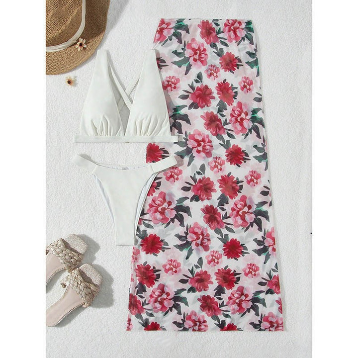 Ladies Two-Piece Bikini Set with Floral Print and Wrap Skirt Mune Fashion