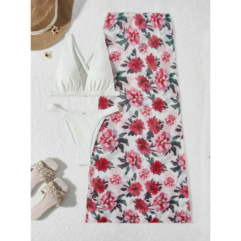 Ladies Two-Piece Bikini Set with Floral Print and Wrap Skirt Mune Fashion