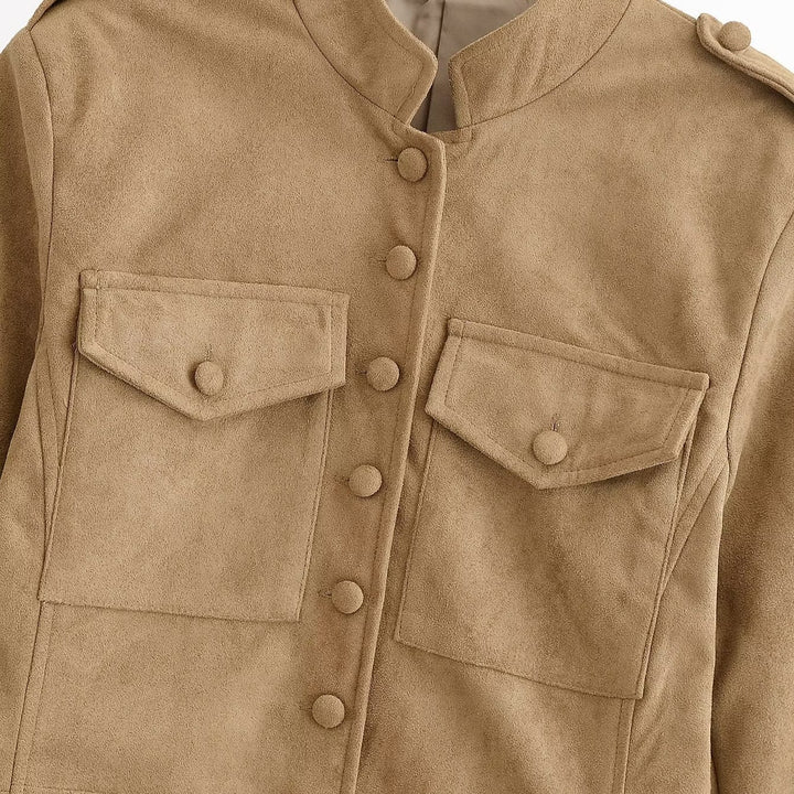 Women Tailored Military-inspired Jacket made of Suede Look with Stand-up Collar and Flap Chest Pockets Mune Fashion