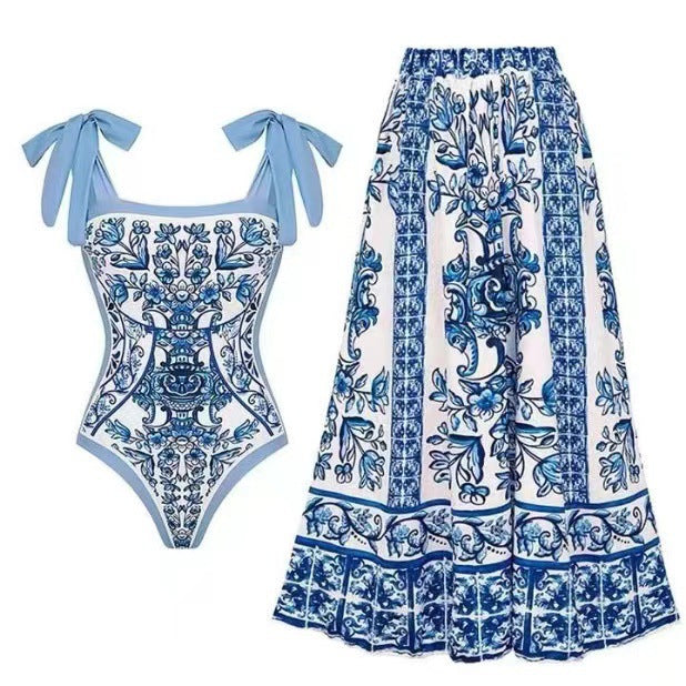 Women's swimsuit with floral print and matching wrap skirt Mune Fashion