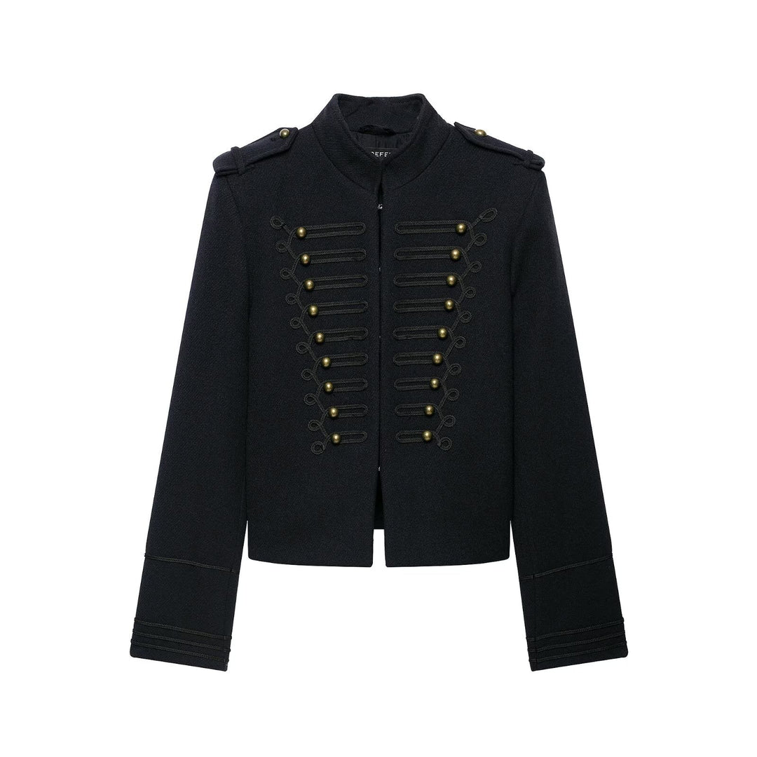 Women's Slim Military-Inspired Short Jacket with Cord Decoration and Brass Buttons Mune Fashion