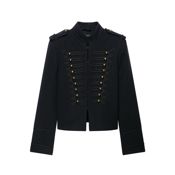 Women's Slim Military-Inspired Short Jacket with Cord Decoration and Brass Buttons Mune Fashion