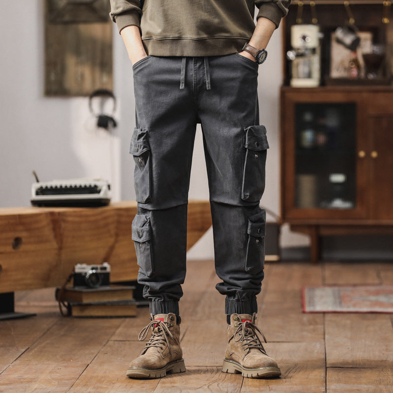 Men's Loose Cargo Jogging Pants with Multifunctional Pockets, Drawstring and Elastic Cuffs Mune Fashion