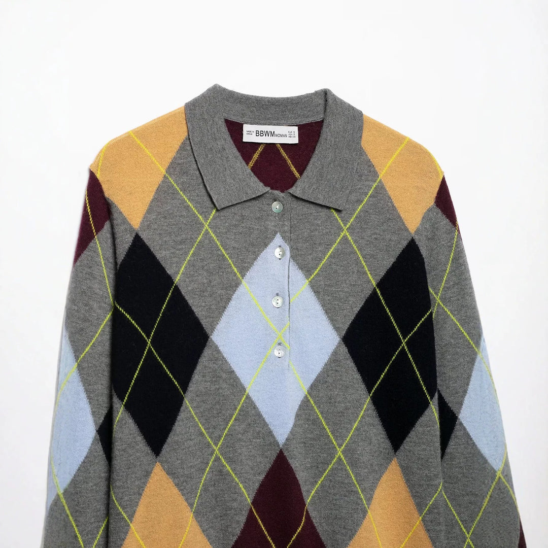 Women's pullover with polo collar and argyle jacquard pattern Mune Fashion