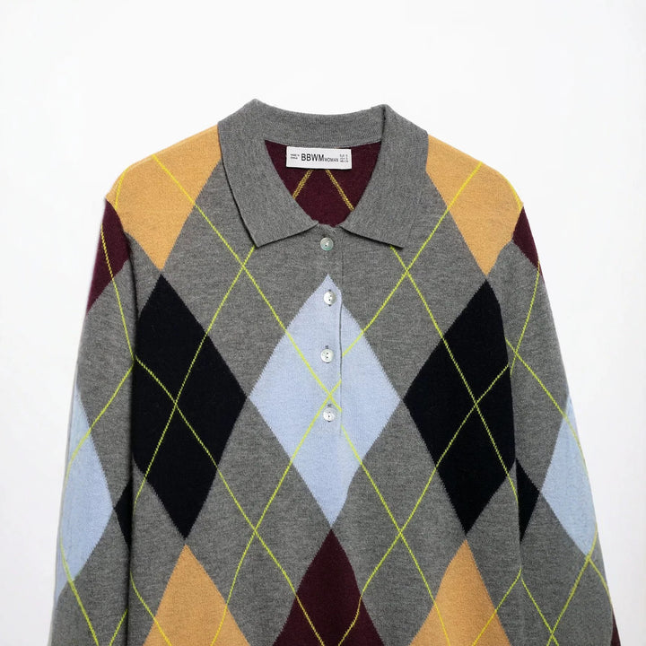 Women's pullover with polo collar and argyle jacquard pattern Mune Fashion