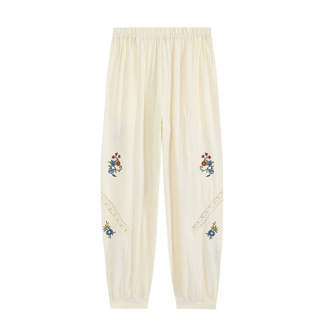 Women's Loose-Fitting Boho Pants with Floral Embroidery, Lace Inserts, and Elastic Cuffs