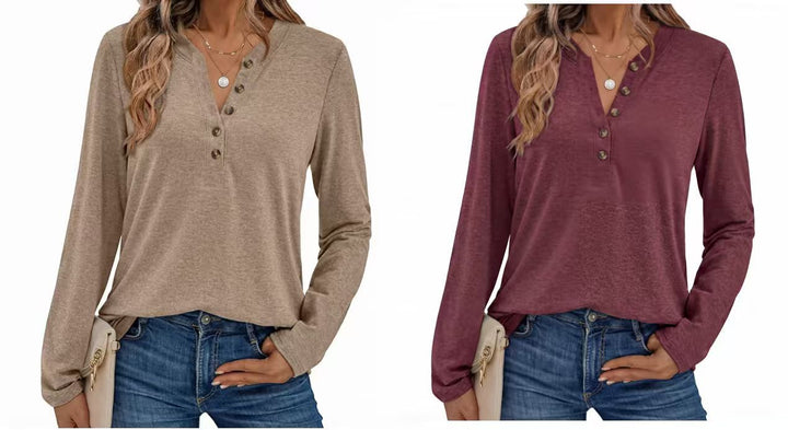 Women Lightweight Henley Long Sleeve with V-neck, Button Placket and Casual Fit Mune Fashion