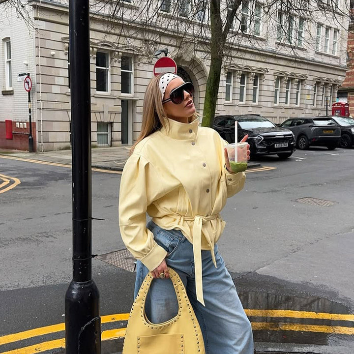 Women's Short Tailored Jacket with Stand Collar, Puff Sleeves and Tie Belt Mune Fashion