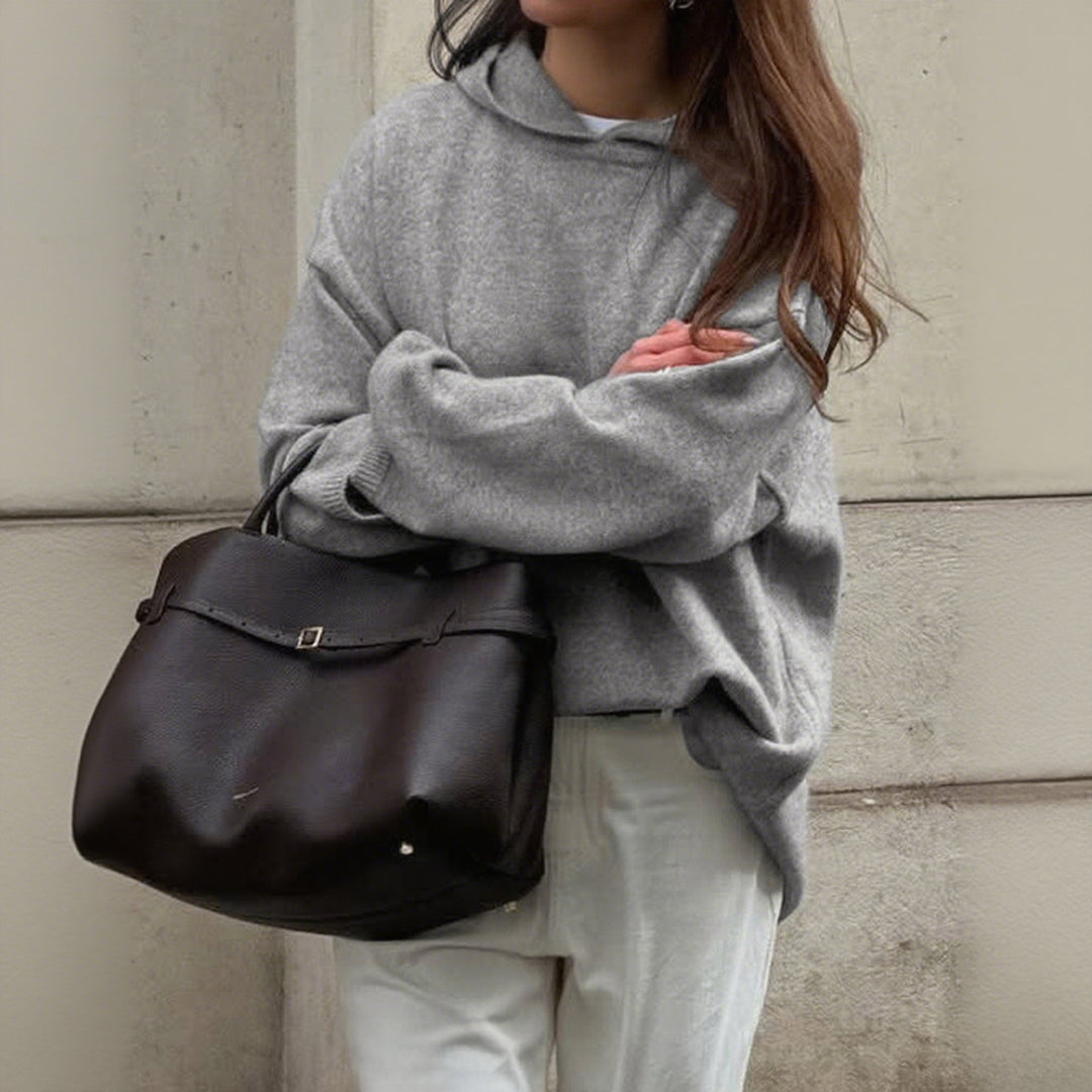 Women's Oversize Polo Fine Knit Sweater with Folded Collar and Raglan Sleeves Mune Fashion
