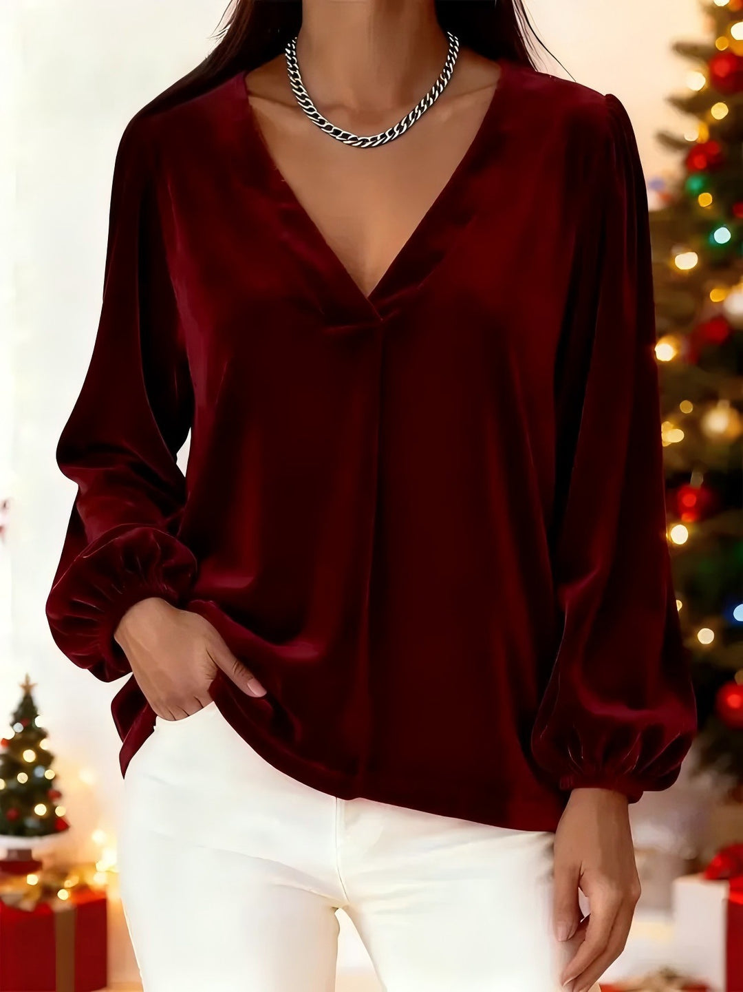 Women's Elegant Velvet Blouse with V-Neck Mune Fashion