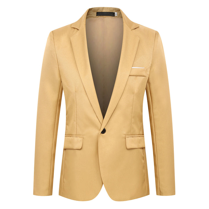 Men's fitted single-breasted satin blazer with single-button closure and shawl collar look Mune Fashion