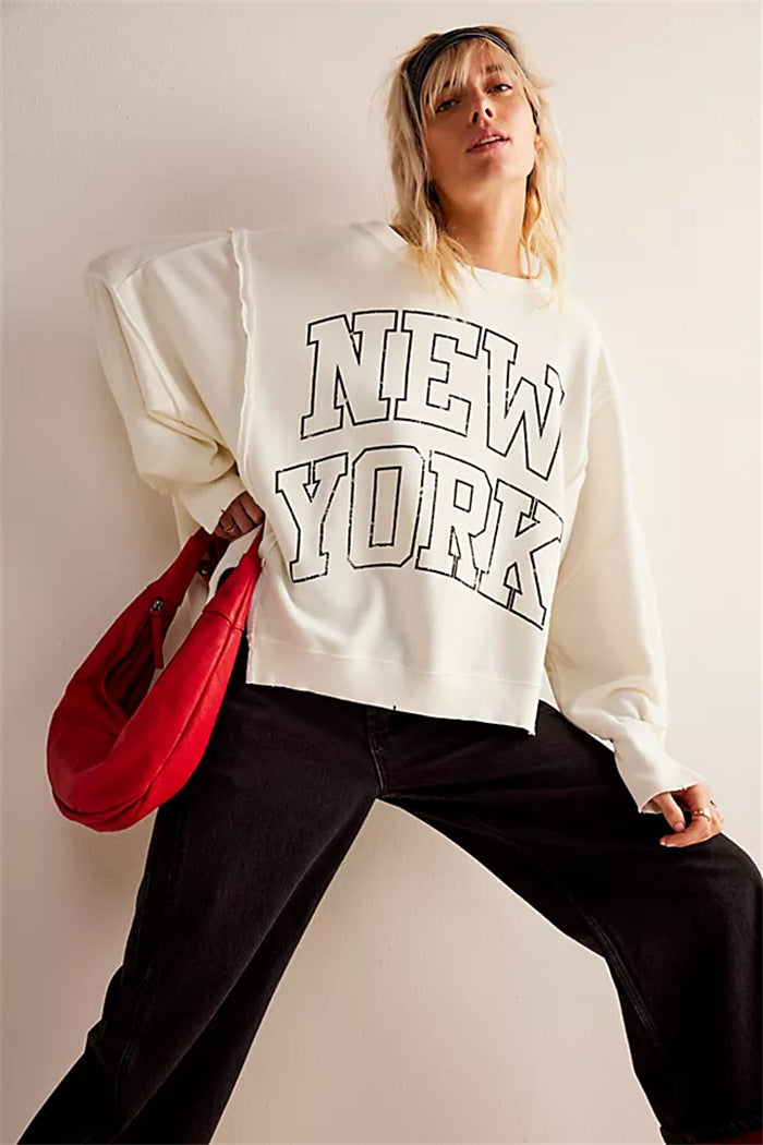 Women oversized sweatshirt with beet print, fringed seam accents and thumbhole sleeves Mune Fashion