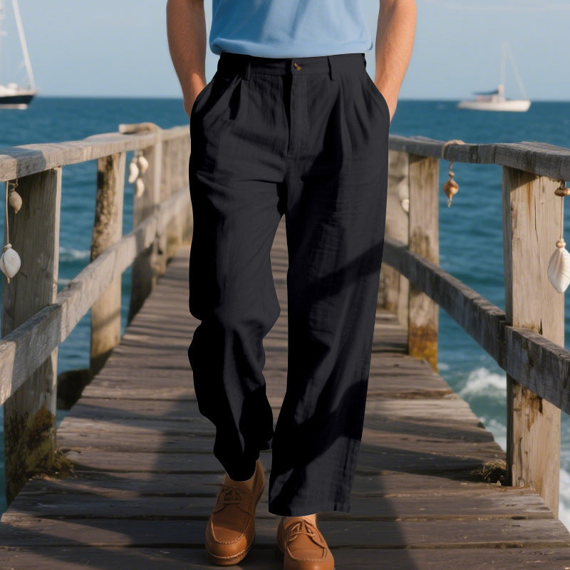 Men's loose linen pants with pleats, high waistband and side pockets Mune Fashion