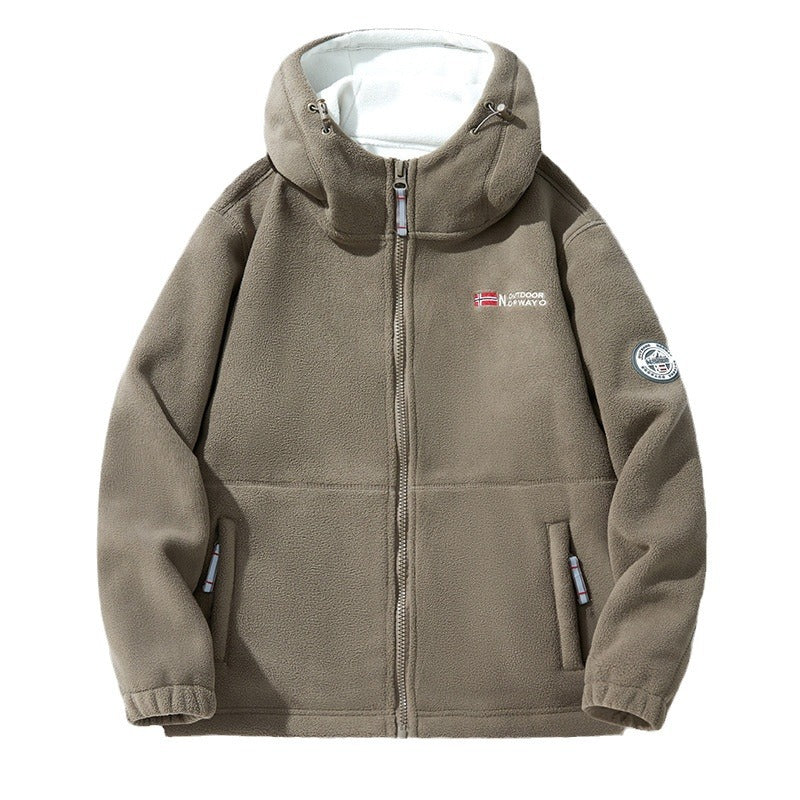 Unisex nan Hooded Fleece Jacket with high collar, full zip and side pockets.