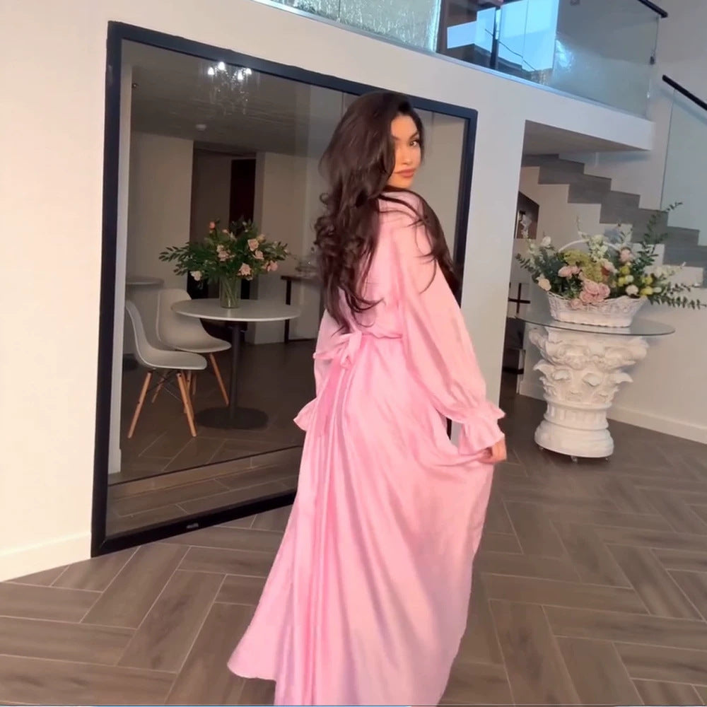 Women's maxi dress made of satin with fitted gathering, stand-up collar and front slit Mune Fashion