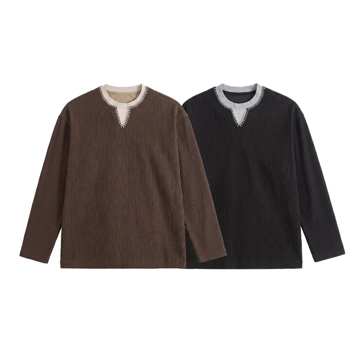 Men's Textured Sweatshirt Pullover with Layered Collar and Decorative Decorative Seam Mune Fashion