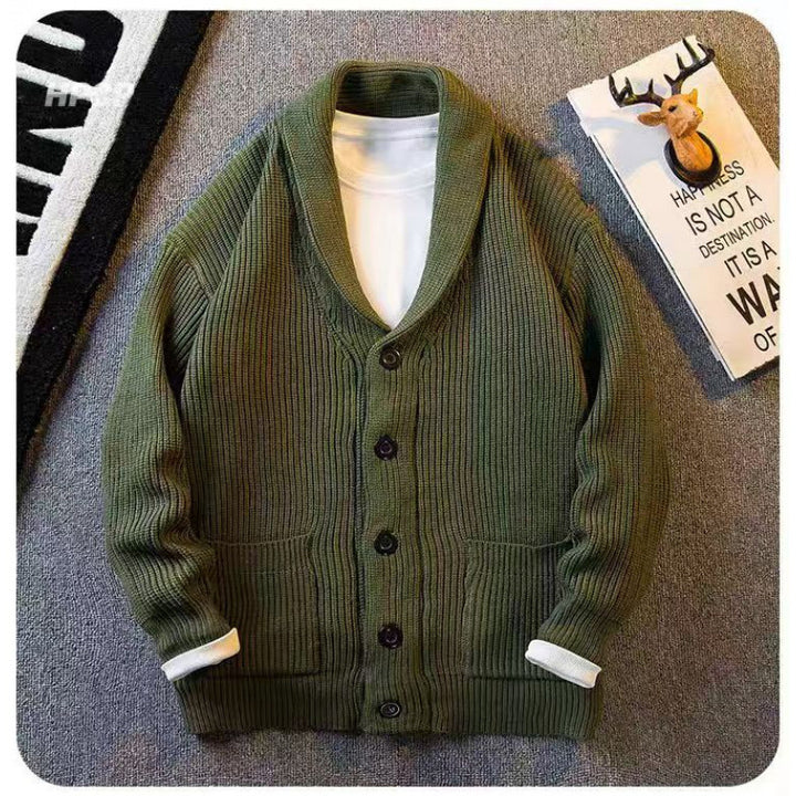 Men's shawl collar cardigan made of coarse ribbed knit with pockets & button placket Mune Fashion