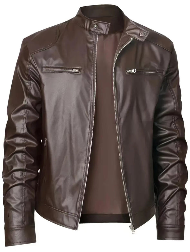 Men's slim faux leather biker jacket with stand-up collar, full zip and two chest pockets Mune Fashion