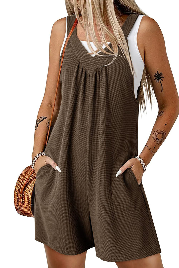 Women's Sleeveless Waffle Shorts Jumpsuit with V-Neck and Side Pockets Mune Fashion