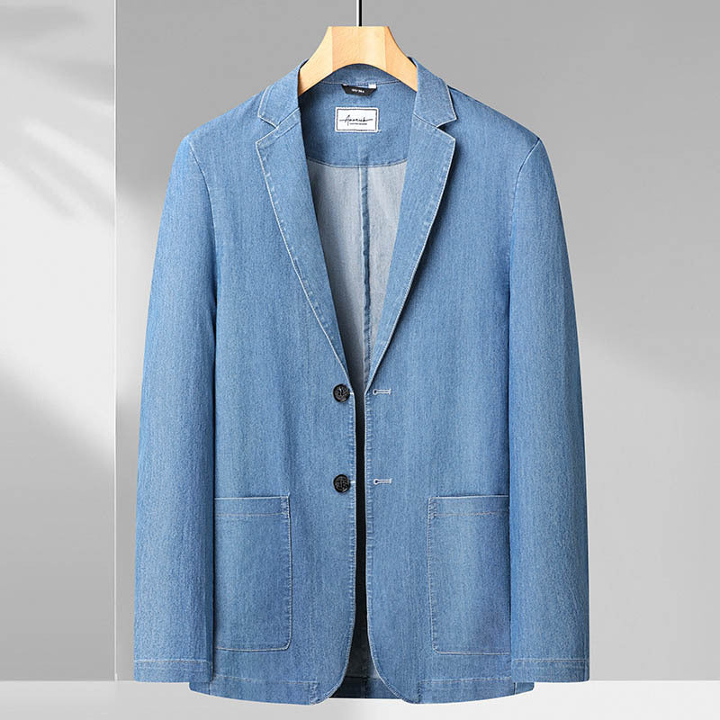 Men's Jeans Blazer in Casual-Elegant Style with Lapel Collar and Patch Pockets Mune Fashion