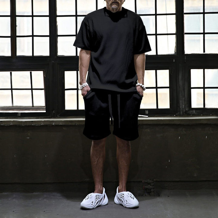 Men's casual waffle jersey set with loose top and drawstring shorts Mune Fashion