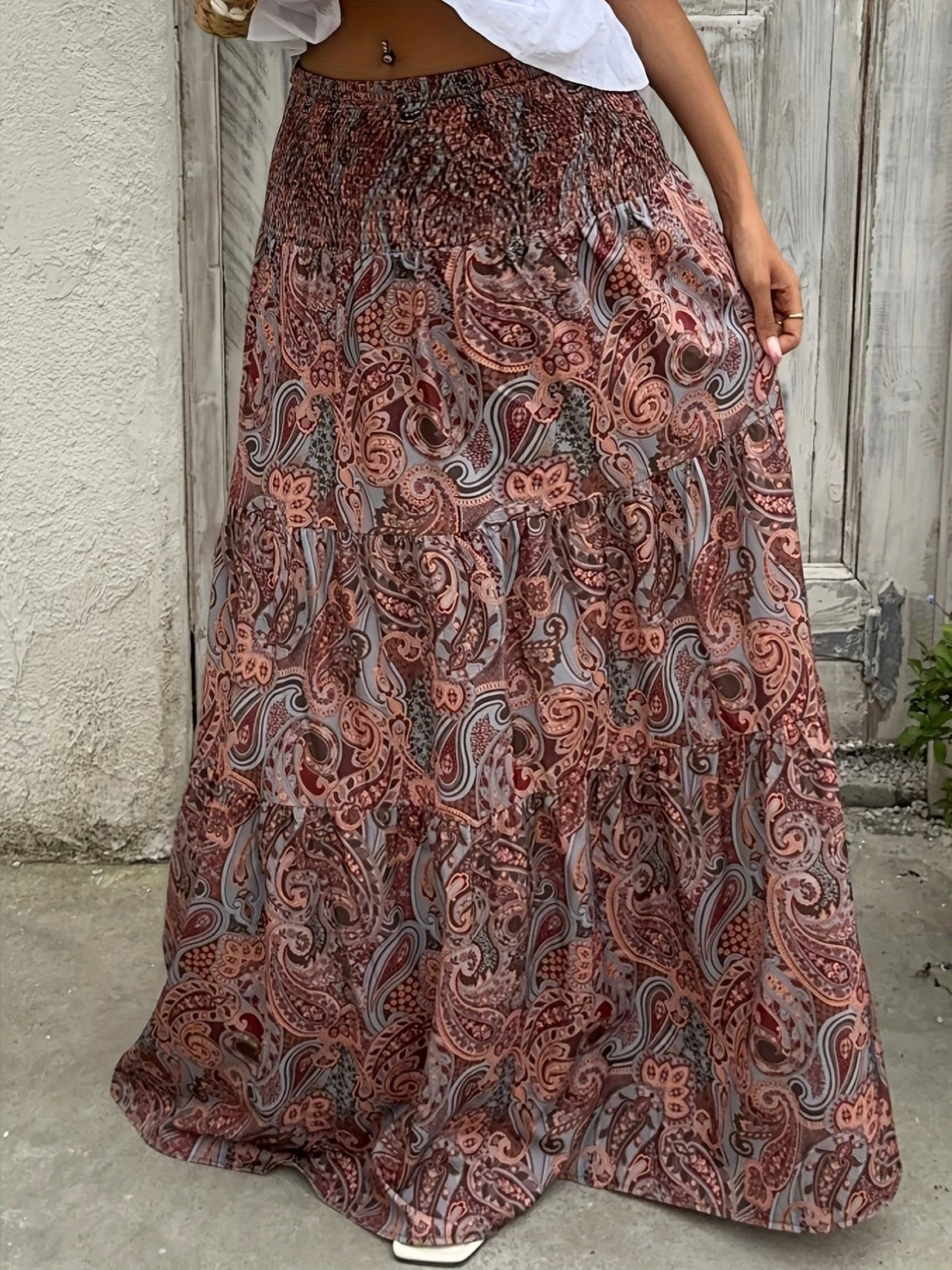 Women’s Maxi Skirt with Smocked Waist and Tiered Ruffle Mune Fashion