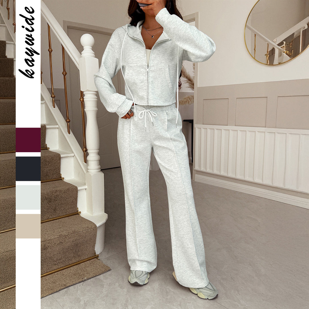 Women’s cropped hoodie sweatshirt set with zipper and high-waisted flared pants Mune Fashion