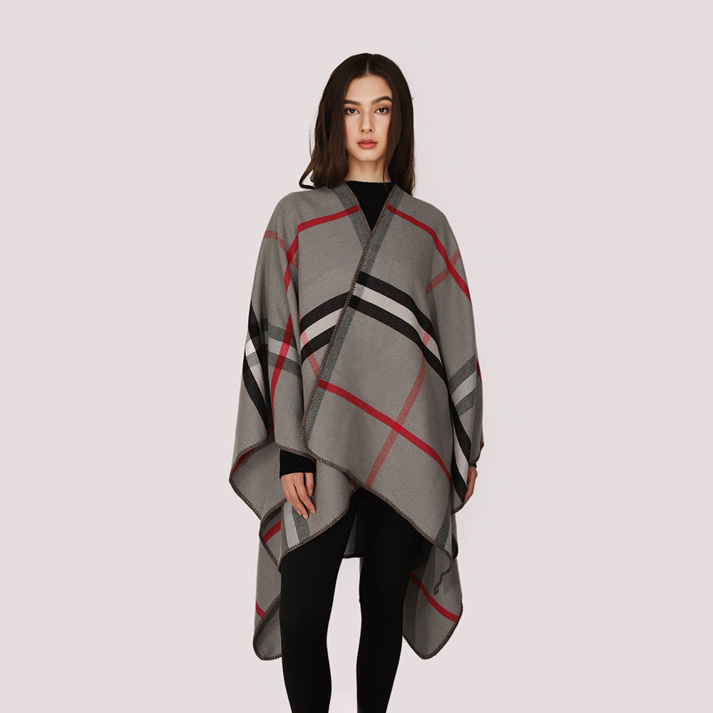 Women's Checked Wool Blend Poncho in Oversized Cape Cut with Decorative Stitch Edge Mune Fashion