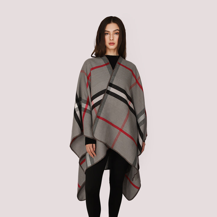 Women's Checked Wool Blend Poncho in Oversized Cape Cut with Decorative Stitch Edge Mune Fashion