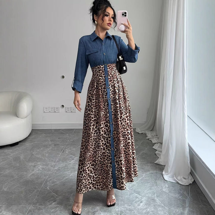 Women's Shirt Dress with Denim Top and Leopard Maxi Skirt Mune Fashion