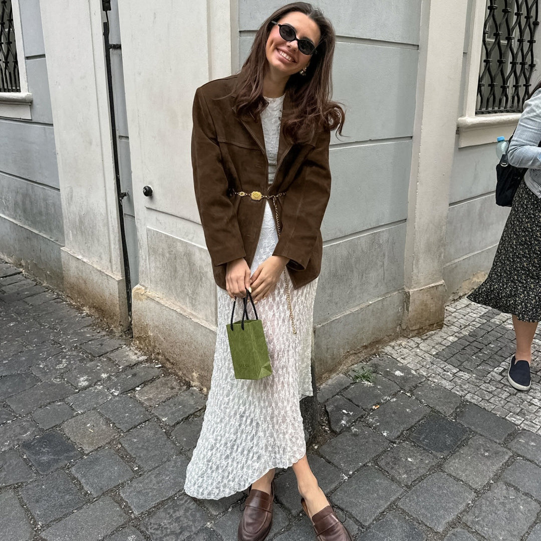 Women's Oversized Suede Blazer with Lapel Collar and Flap Pockets Mune Fashion