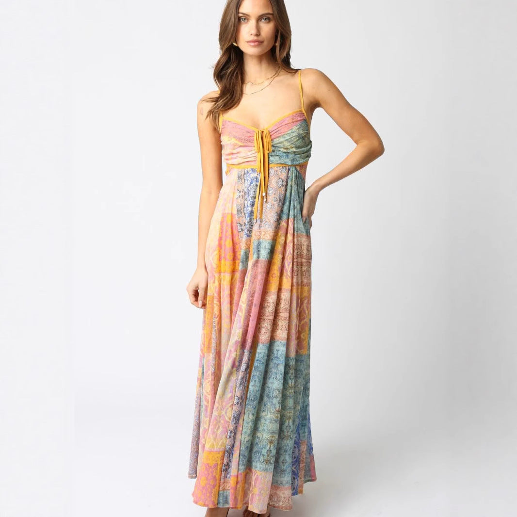 Ladies' ankle-length maxi dress with gathered bustier, drawstring, and patchwork print Mune Fashion