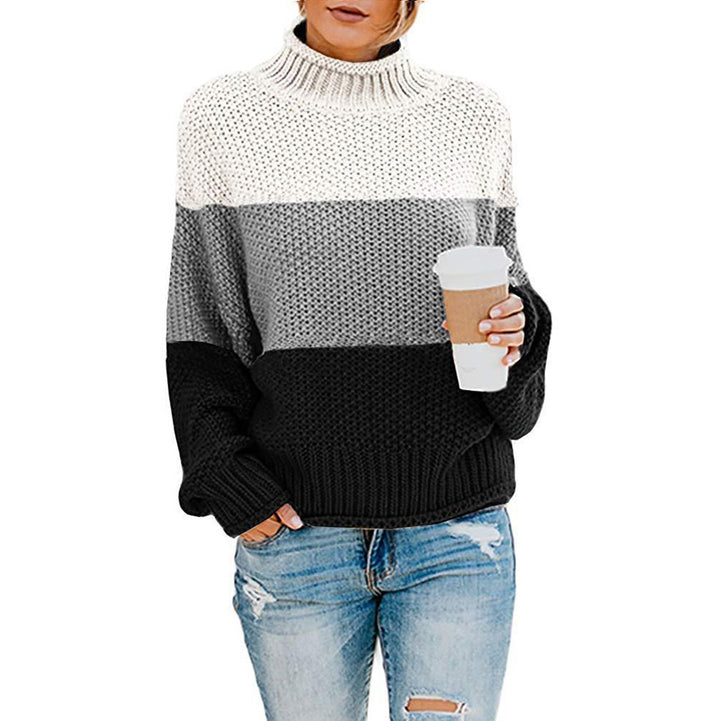 Women's chunky knit turtleneck sweater with oversized cut and block stripe design Mune Fashion