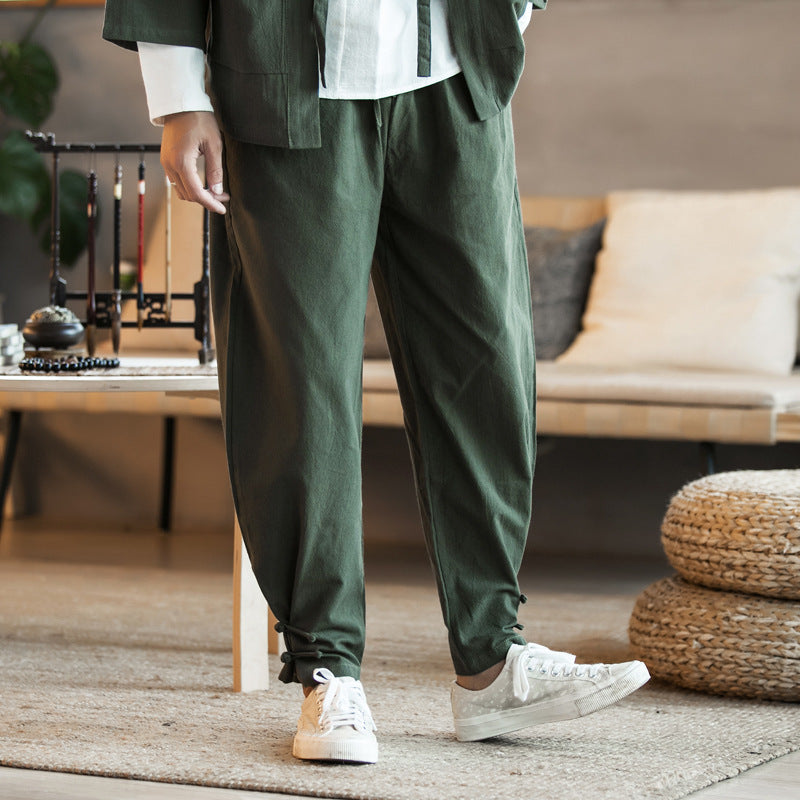 Men's Casual Linen Blend Pants with Drawstring Waist, Tapered Ankle and Knot Detail Mune Fashion