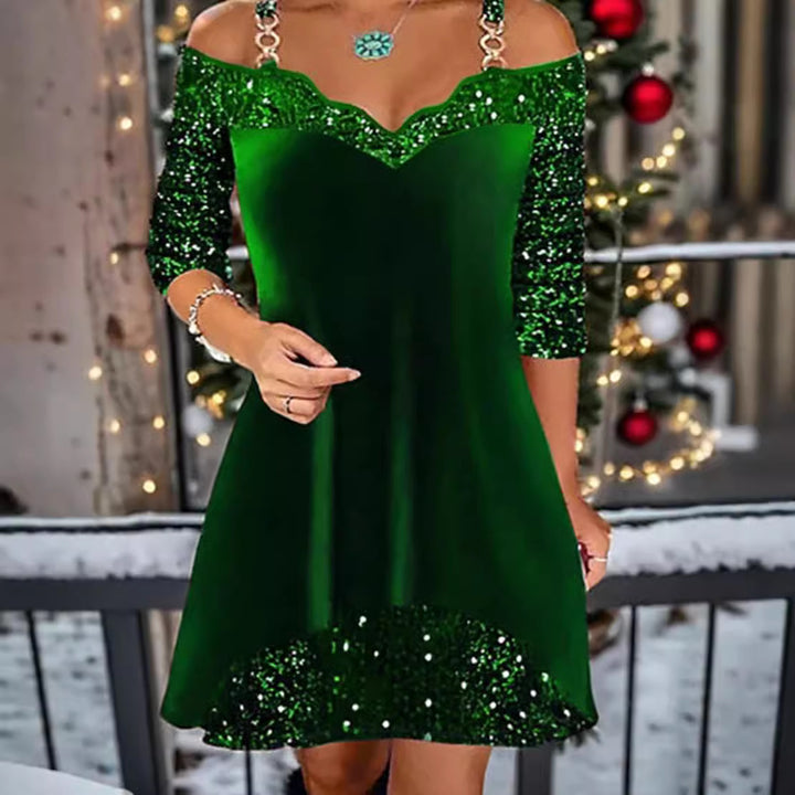 Women's off-shoulder sequin swing dress with delicate chain straps, elbow-length sleeves, and ruffle trim Mune Fashion