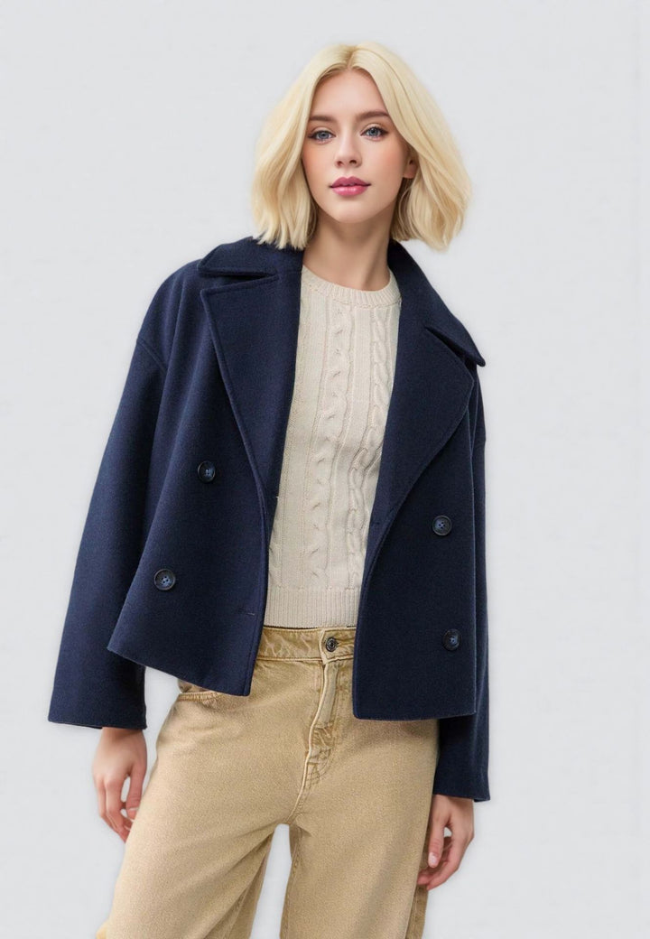 Women's Short Double-Breasted Wool Blend Coat with Oversized Lapels Mune Fashion