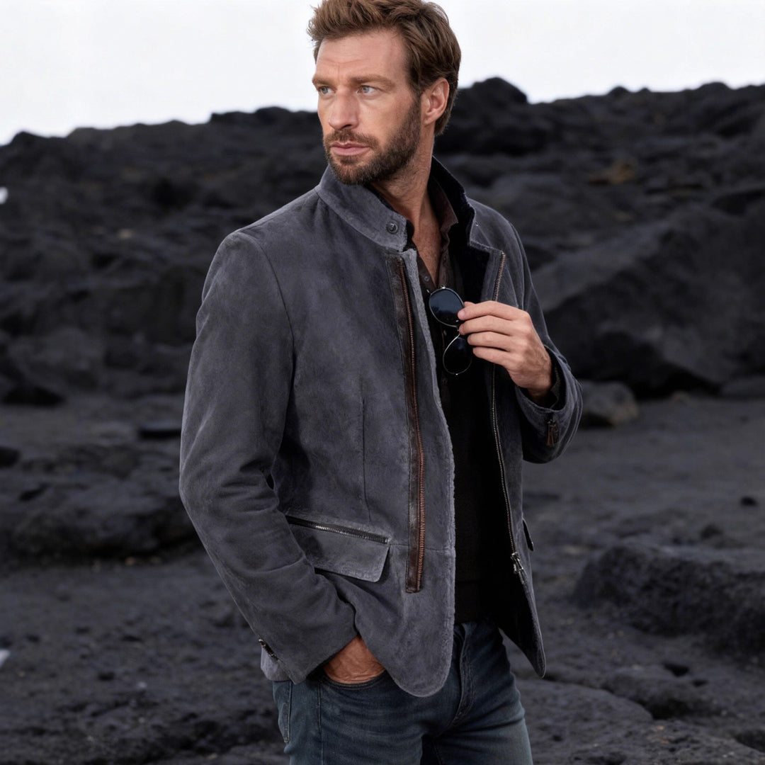 Men's elegant suede jacket with stand-up collar and concealed zipper Mune Fashion