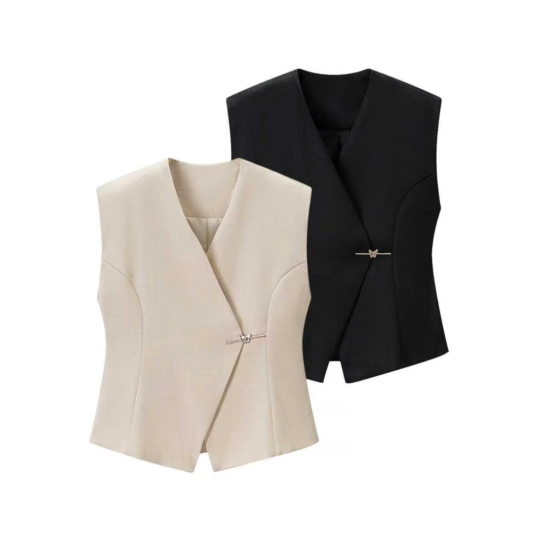Women tailored sleeveless blazer vest with asymmetrical overlap