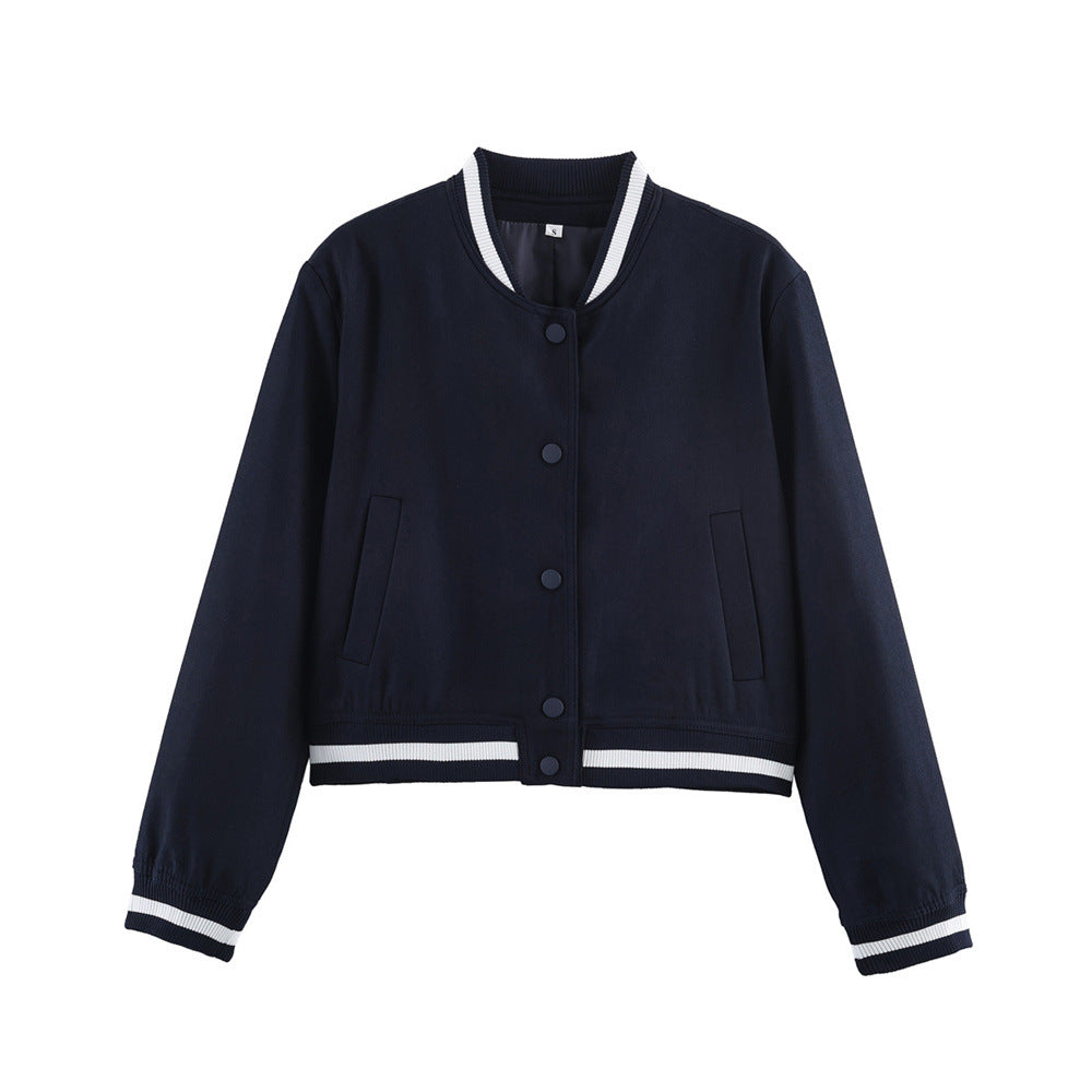 Women's short-cut college bomber jacket with ribbed striped collar and snap button placket Mune Fashion