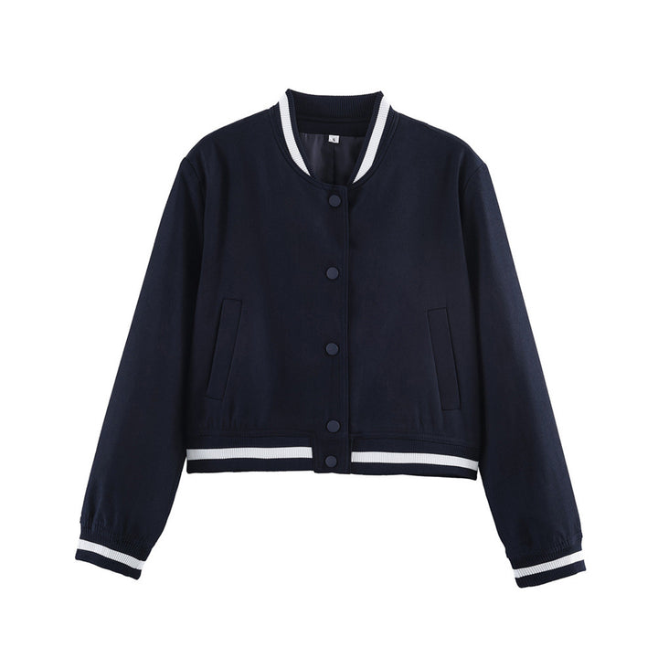 Women's short-cut college bomber jacket with ribbed striped collar and snap button placket Mune Fashion