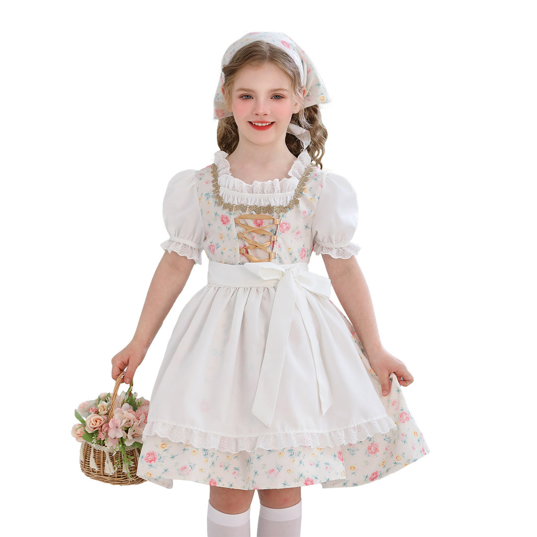 Ladies' traditional Dirndl dress for girls with embroidered apron, ruffle collar, and matching headscarf Mune Fashion