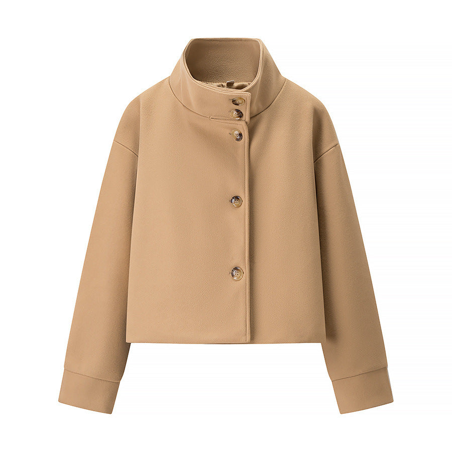 Women nan cropped wool blend jacket with high stand-up collar, boxy fit and concealed button placket Mune Fashion