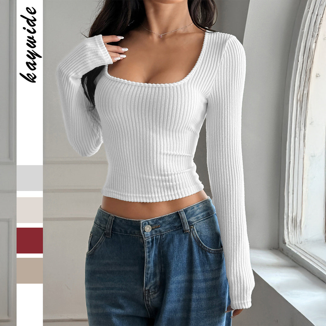 Women nan tailored ribbed long sleeve with deep square neckline and shaping effect Mune Fashion