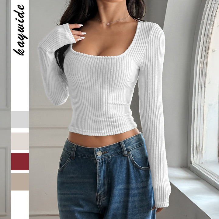 Women nan tailored ribbed long sleeve with deep square neckline and shaping effect Mune Fashion